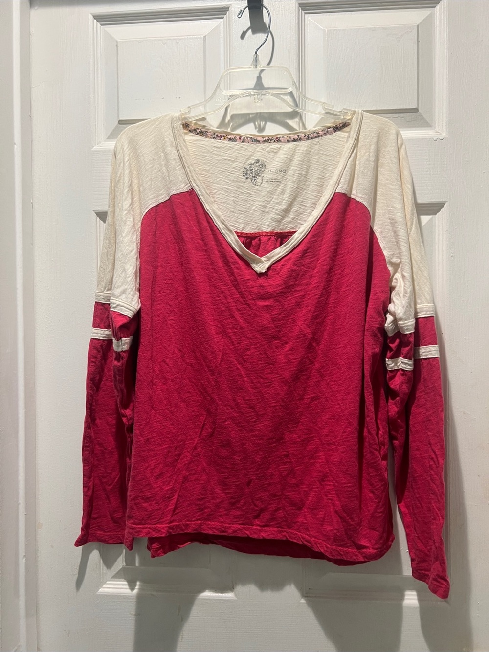 Pilcro Two-Tone Pink and Cream V-Neck Long Sleeve Top